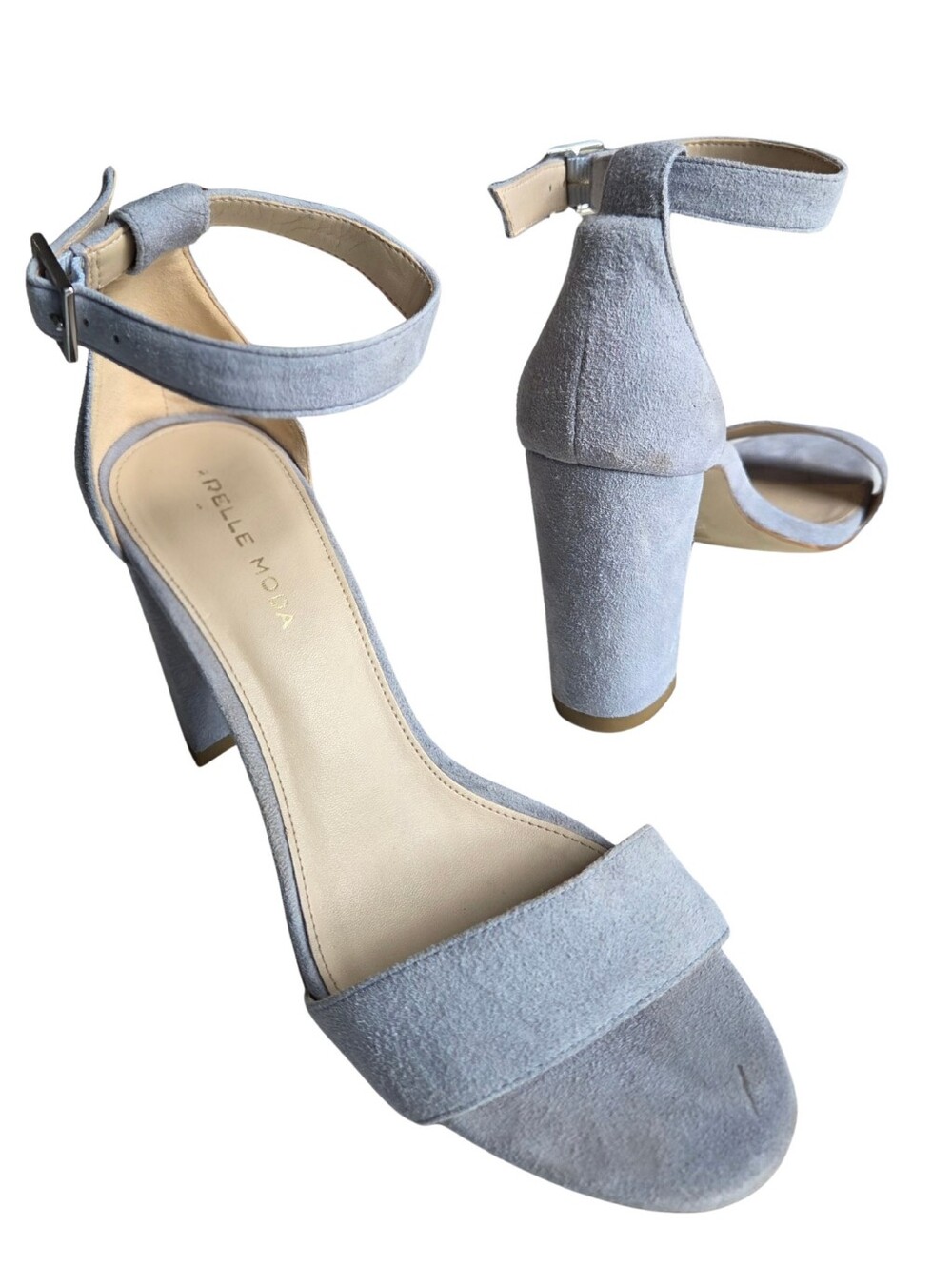 Pelle Moda Pale Blue Suede 2 Strap Composed Ankle-Strap Block Heel Sandal 8